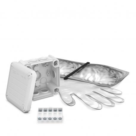 Boîte de dérivation T 60 avec embout à tétine et bornier de raccordement, résine coulée 100x100x48 | 7 | IP68 | gris clair ; RAL 7035